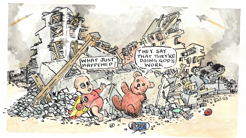 toys talking to each other after their city has been bombed. Doll asks, "What just happened?" Teddy Bear answers, "They say that they're doing god's work".